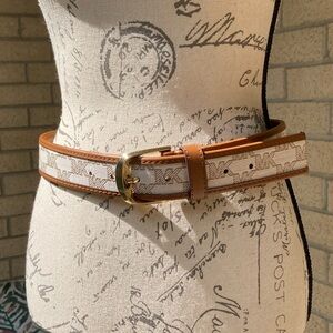Michael Kors Leather & Cotton Brown Tan Cream MK Logo Pattern Belt Gold Hardware